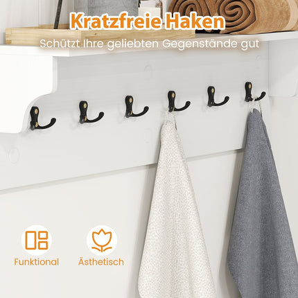Wall-Mounted Coat Rack with Shelf & 6 Hooks, White Wood