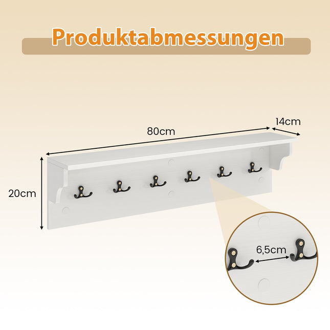 Wall-Mounted Coat Rack with Shelf & 6 Hooks, White Wood
