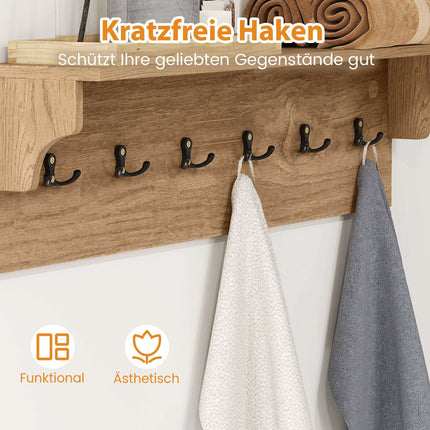 Wall-Mounted Coat Rack with Shelf & 6 Hooks, Wood