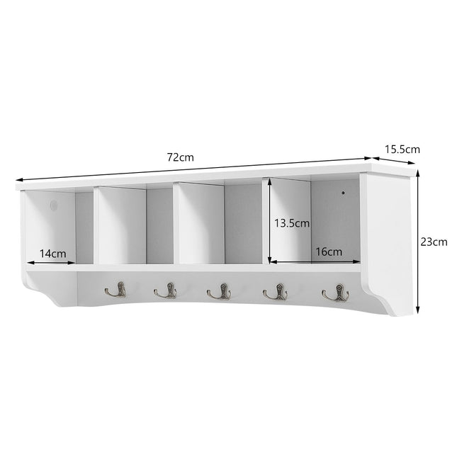 Wall-Mounted Entryway Cabinet with 4 Shelves & 5 Hooks, White