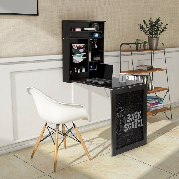 Wall-Mounted Folding Desk, Blackboard and Storage, Black