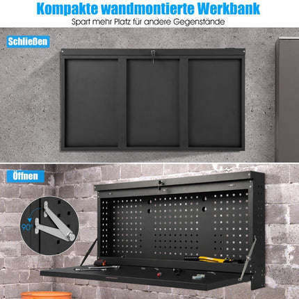 Wall Mounted Folding Workbench with Perforated Wall Hanging Work Table Black