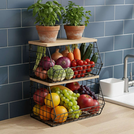 Wall-Mounted Fruit Rack with Wood-Effect Shelf