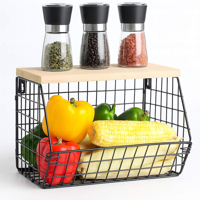 Wall-Mounted Fruit Rack with Wood-Effect Shelf