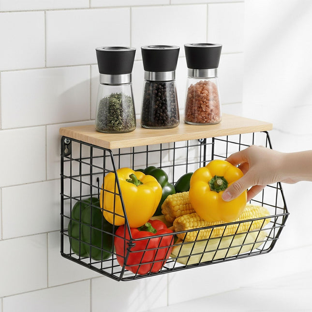 Wall-Mounted Fruit Rack with Wood-Effect Shelf