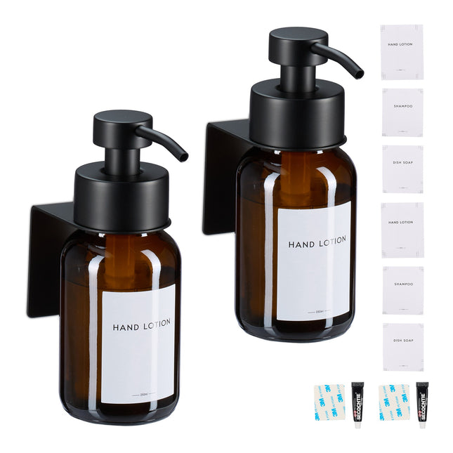 Wall-Mounted Glass Soap Dispenser, Amber, Black Pump