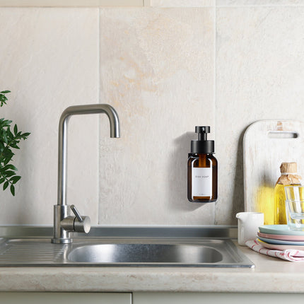Wall-Mounted Glass Soap Dispenser, Amber, Black Pump