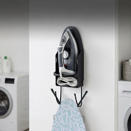Wall-Mounted Iron Holder with Hooks, Black, Steel