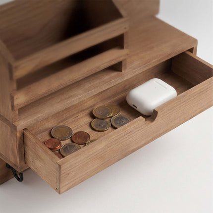 Wall-Mounted Key Rack, 7 Hooks, Drawer And Shelves