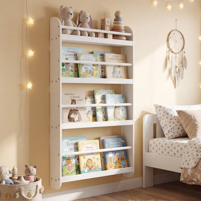 Wall-Mounted Kids Bookshelf, 4-Tier, White