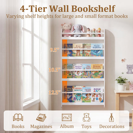 Wall-Mounted Kids Bookshelf, 4-Tier, White