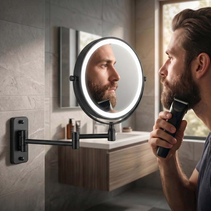 Wall-Mounted LED Cosmetic Mirror, 10x Magnification, Black