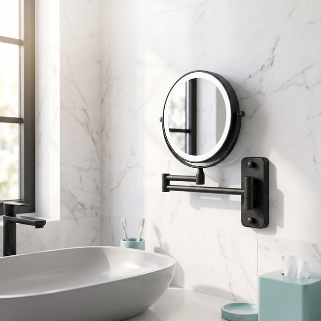 Wall-Mounted LED Vanity Mirror, 10x Magnification, Black