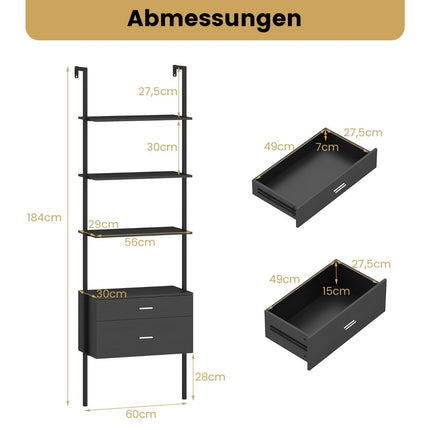 Wall-Mounted Ladder Bookshelf with Drawers, Black Metal Frame