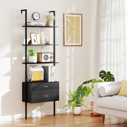 Wall-Mounted Ladder Bookshelf with Drawers, Black Metal Frame