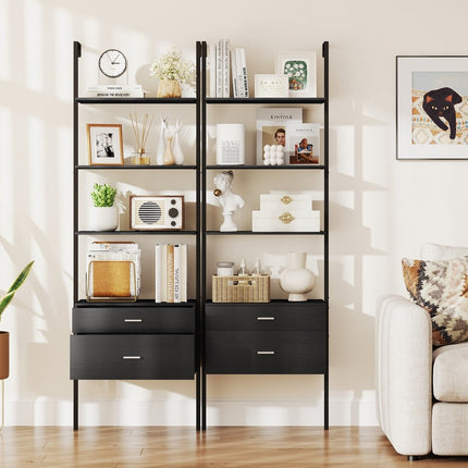 Wall-Mounted Ladder Bookshelf with Drawers, Black Metal Frame