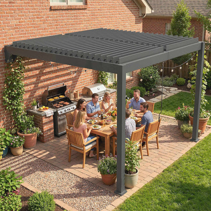 Wall-Mounted Louvered Pergola, 3x3m, Adjustable Metal Roof