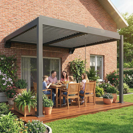 Wall-Mounted Louvered Pergola, 3x3m, Adjustable Metal Roof