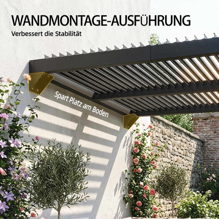 Wall-Mounted Louvered Pergola, 3x3m, Adjustable Metal Roof
