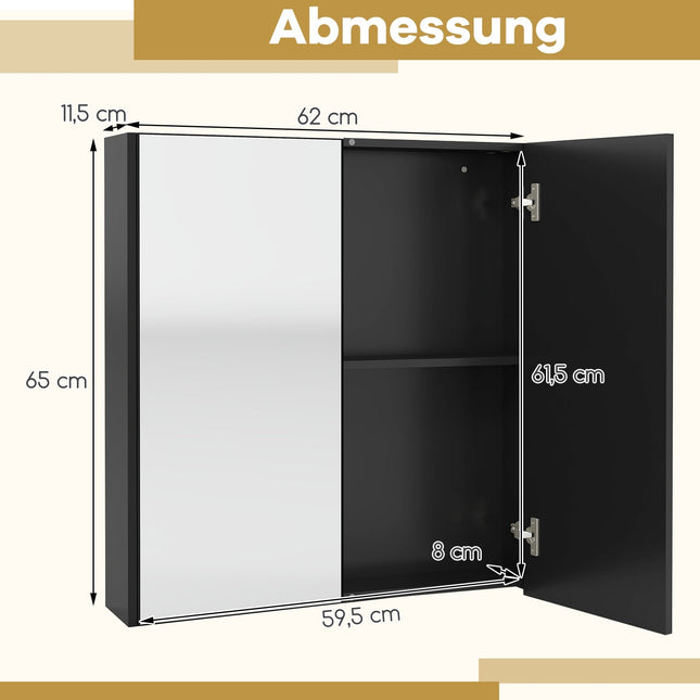 Wall-Mounted Medicine Cabinet, Black, 2 Mirror Doors, Adjustable Shelf