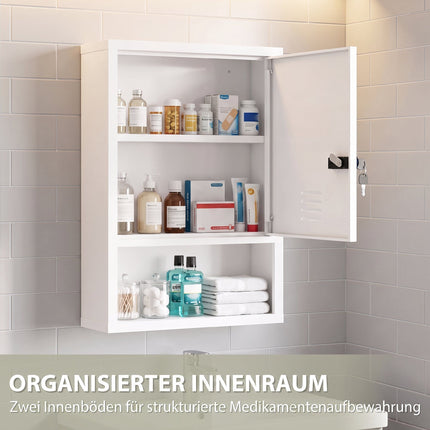 Wall-Mounted Medicine Cabinet with Lock, White, Steel