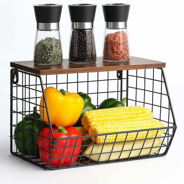 Wall-Mounted Metal Fruit Rack with Wood-Effect Shelf