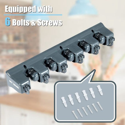 Wall-Mounted Mop Holder, 5 Positions, 6 Hooks, Dark Gray