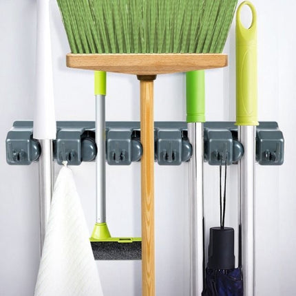 Wall-Mounted Mop Holder, 5 Positions, 6 Hooks, Dark Gray