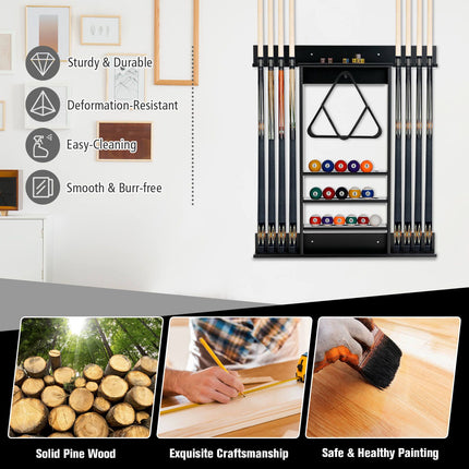 Wall-Mounted Pool Cue Rack, 8 Cues, 15 Balls, Black