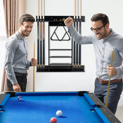 Wall-Mounted Pool Cue Rack, 8 Cues, 15 Balls, Black
