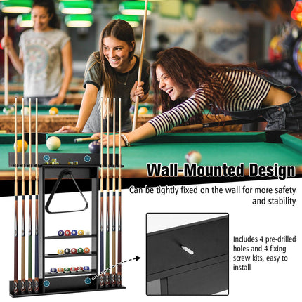 Wall-Mounted Pool Cue Rack, 8 Cues, 15 Balls, Black