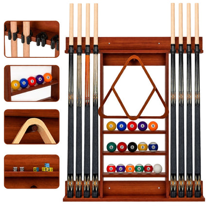 Wall-Mounted Pool Cue Rack, Holds 8 Cues, 15 Balls, Pine Wood