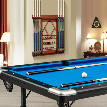 Wall-Mounted Pool Cue Rack, Holds 8 Cues, 15 Balls, Pine Wood
