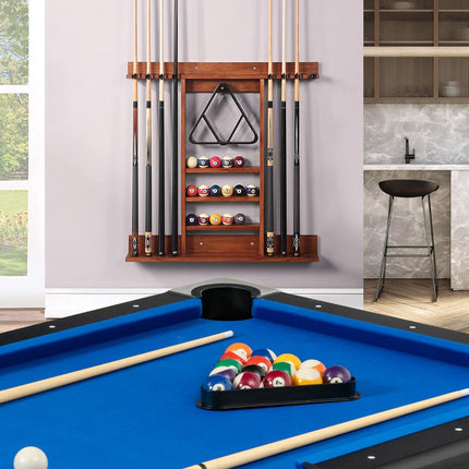 Wall-Mounted Pool Cue Rack, Holds 8 Cues, 15 Balls, Pine Wood