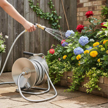 Wall-Mounted Stainless Steel Hose Reel with Crank