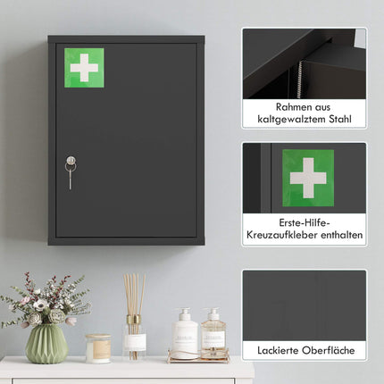 Wall-Mounted Steel Medicine Cabinet with Lock, 3 Shelves, Black