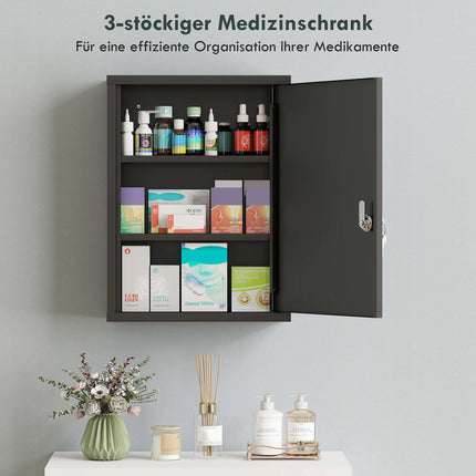Wall-Mounted Steel Medicine Cabinet with Lock, 3 Shelves, Black