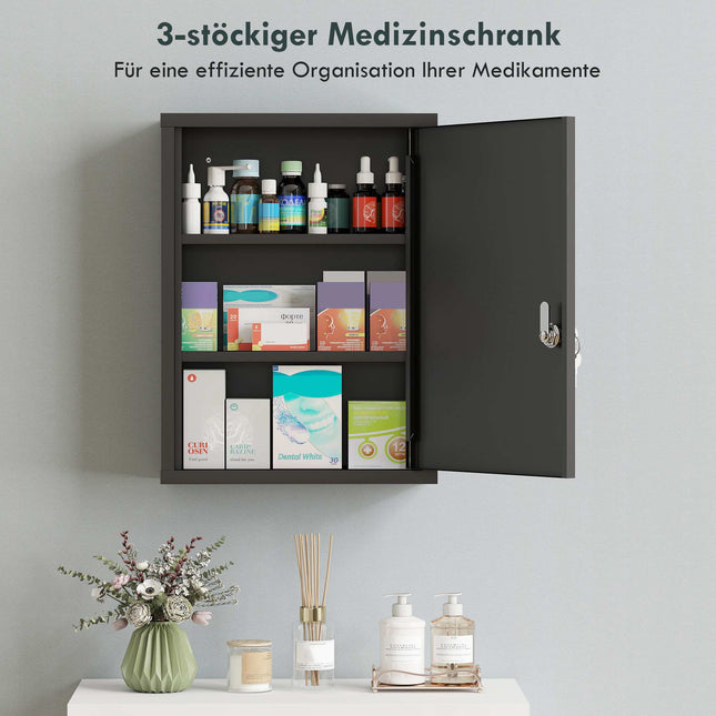 Wall-Mounted Steel Medicine Cabinet with Lock, 3 Shelves, Black