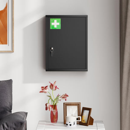 Wall-Mounted Steel Medicine Cabinet with Lock, 3 Shelves, Black