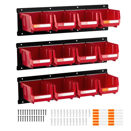 Wall-Mounted Storage Bins, 12-Pack With 3 Rails, Red