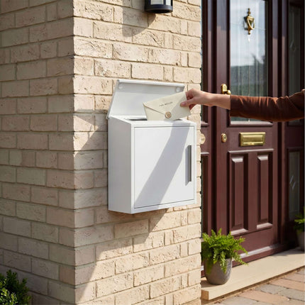 Wall-Mounted White Metal Mailbox with Lock
