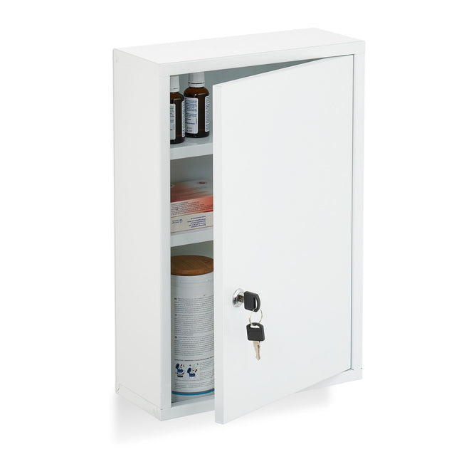 Wall-Mounted White Steel Medicine Cabinet with Lock