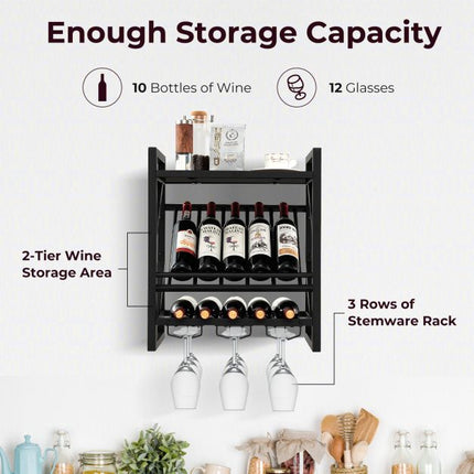Wall-Mounted Wine Rack With Glass Holder, 10 Bottles, 12 Glasses