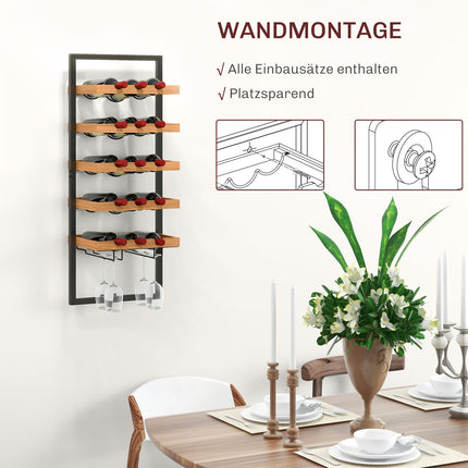 Wall-mounted 5-tier wine rack, holds 15 bottles and 4 glasses