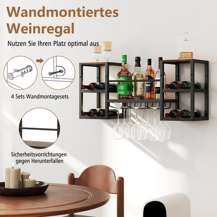 Wall-Mounted Wine Rack with Glass Holder, 8 Bottles, Rustic Brown