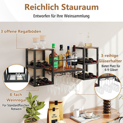 Wall-Mounted Wine Rack with Glass Holder, 8 Bottles, Rustic Brown