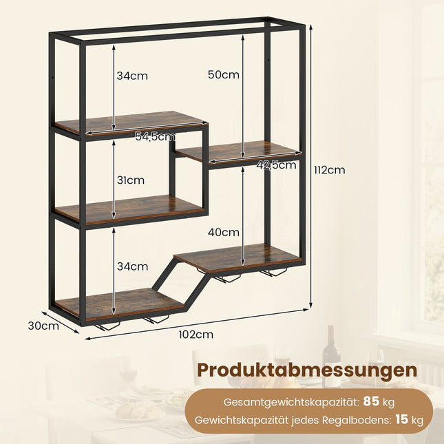 Wall-Mounted Wine Rack with Glass Holder, Rustic Brown