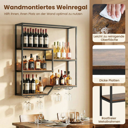 Wall-Mounted Wine Rack with Glass Holder, Rustic Brown