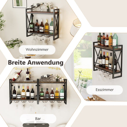 Wall-Mounted Wine Rack with Glass Holders, Rustic Brown