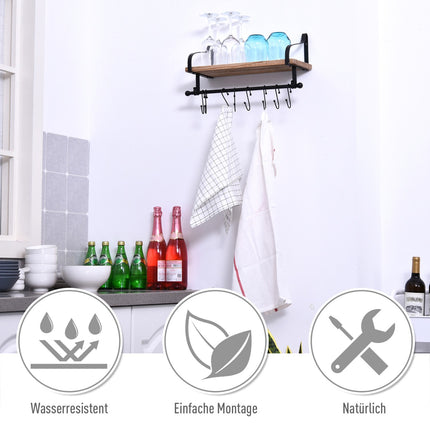 Floating wall shelf with 8 hooks, solid wood, black/natural